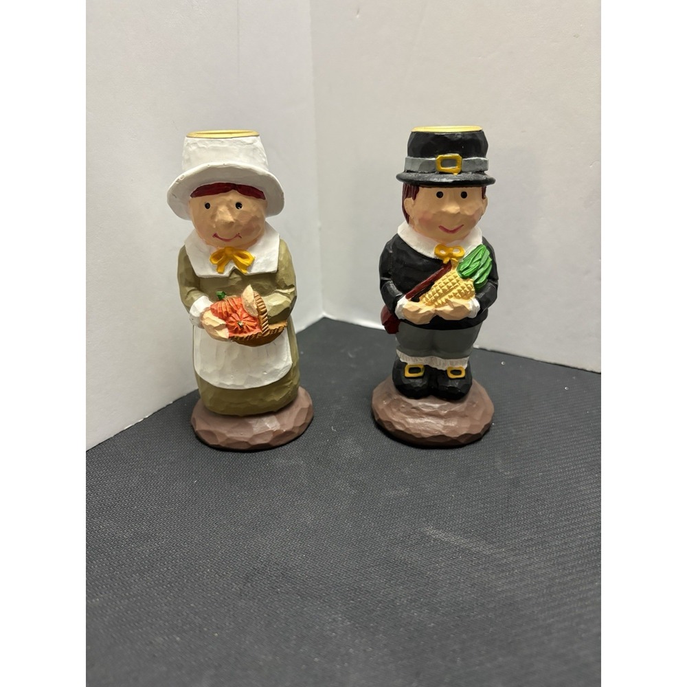 Thanksgiving Pilgrim‎ Taper Candle Holders Set 2 Wood Carved Look 5" Tall